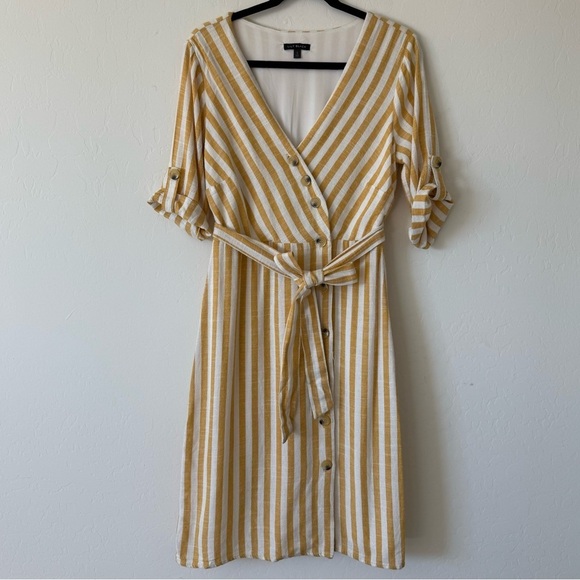 Lily Black Dresses & Skirts - Lily Black Yellow White Striped Button Down Lined Linen Blend Midi Dress Small